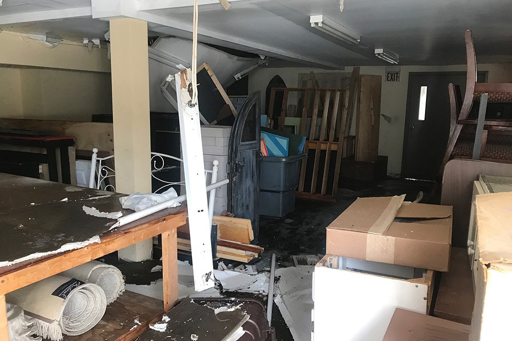 Destruction and debris in Stowe Theatre Guild's storage space
