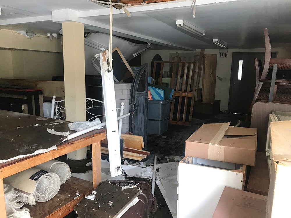 Destruction and debris in Stowe Theatre Guild's storage space